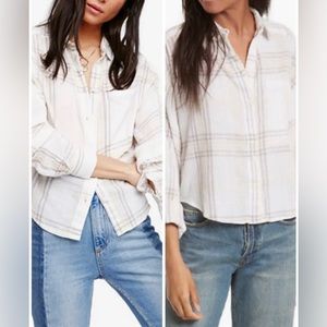 FREE PEOPLE Cutie Plaid Button Down Shirt Top Blouse Dolman Sleeves Ivory SM